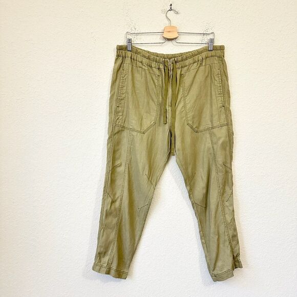 FREE PEOPLE High Rise Drawstring Pants Olive Large Pockets Linen Blend - Picture 1 of 14